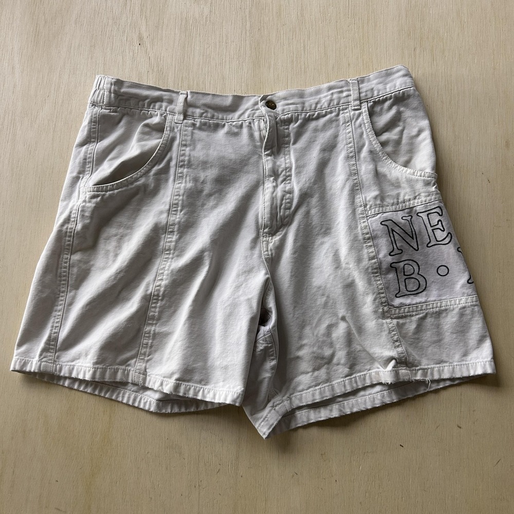 Vintage Newport Blue Cargo Shorts Mens L Beige Cotton Elastic Waist Nautical